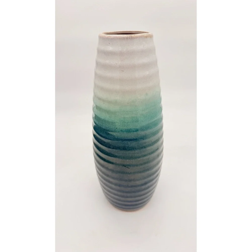 Pre-owned Apropos Home Collection Ceramic Vase Aqua Ribbed 11.5 Inch Tall